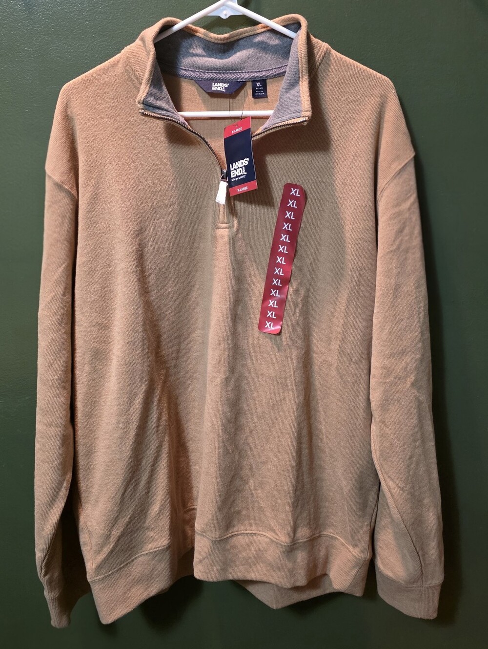 Men's XL Lands' End Ribbed Quarter Zip Rich Camel Heather Sweater NWT